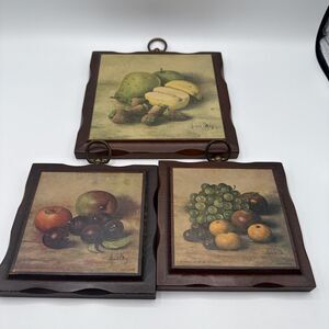 Vintage Hank Bos Fruit Still Life Art Donald Art Co. Wood Plaques Set/3